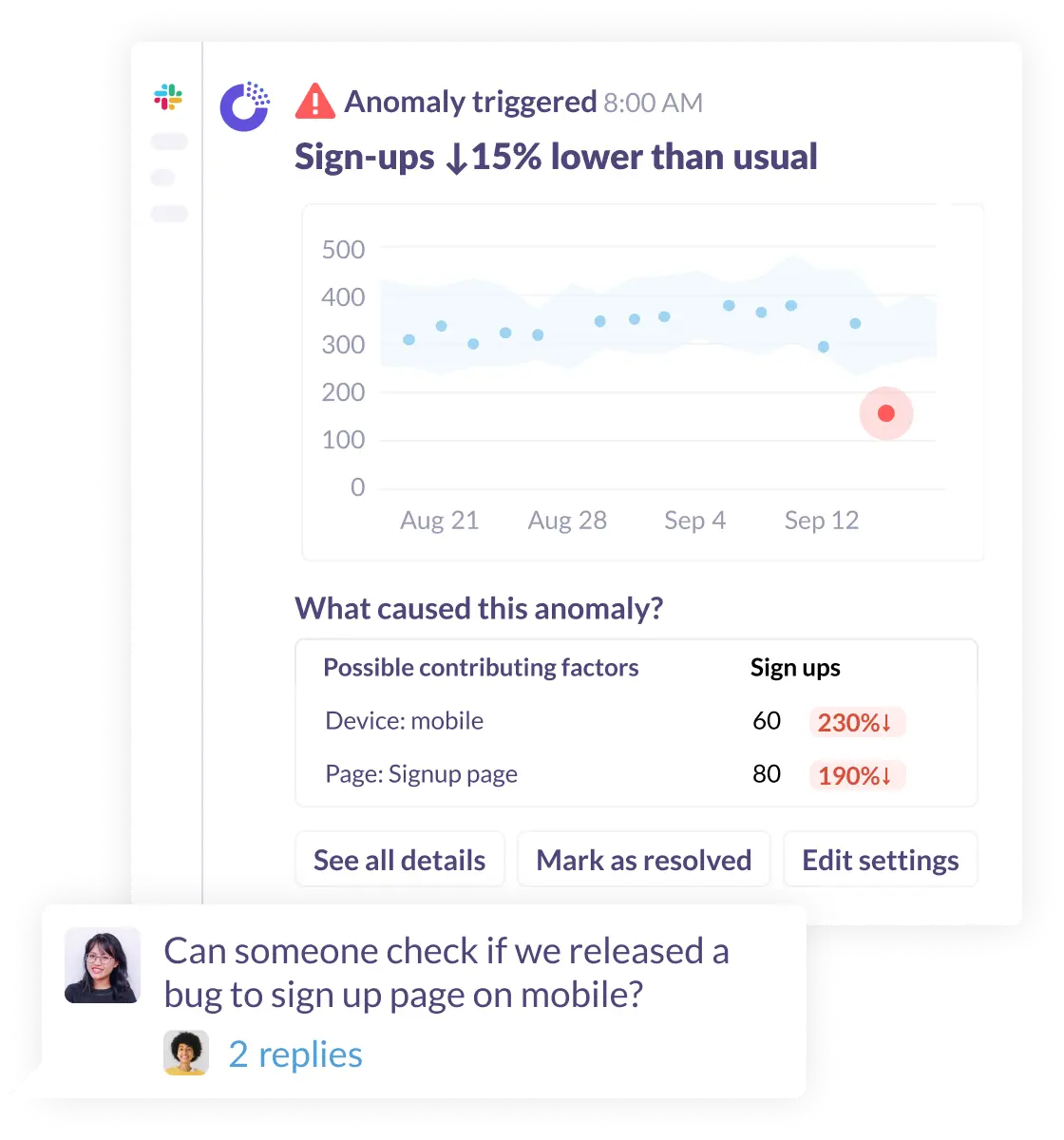 Anomaly detection with alerts sent to your team through Slack.